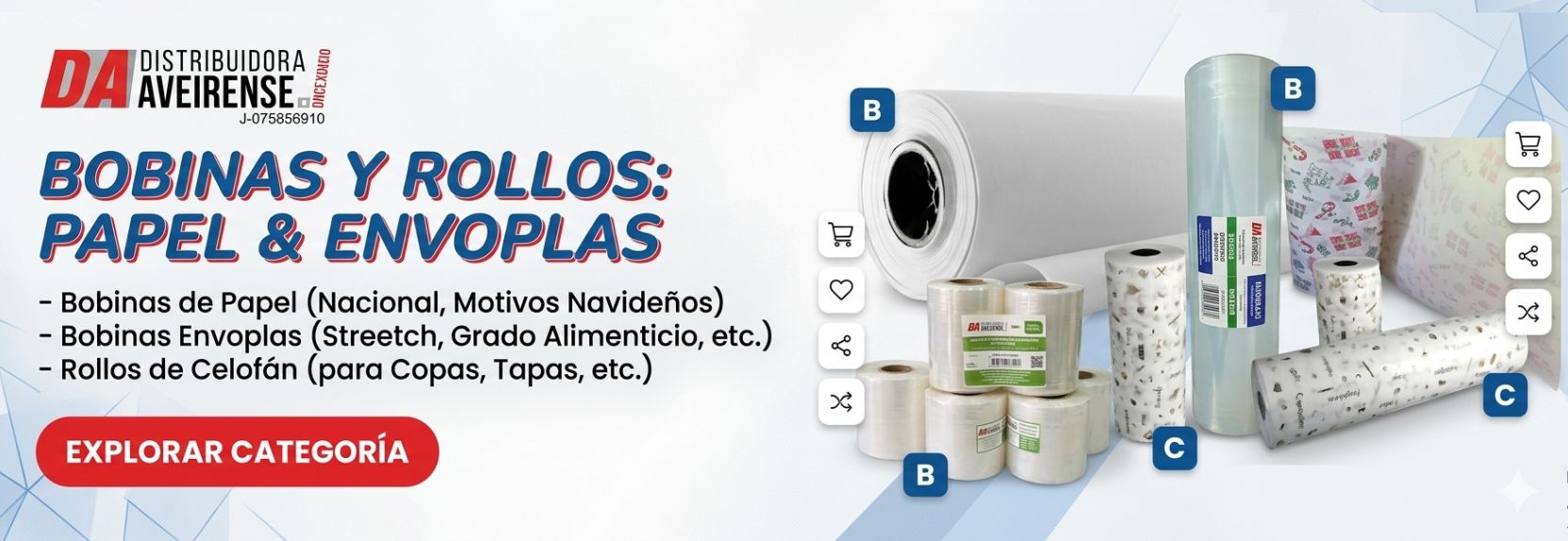 Optimiza el despacho y la protección de tus productos con nuestra línea especializada de bobinas y rollos en Distribuidora Aveirense. Contamos con bobinas de papel (ideales para embalaje nacional y diseños con motivos navideños), rollos de envoplas (película stretch y de grado alimenticio para la máxima higiene de tus consumibles), y rollos de celofán perfectos para copas, topos y arreglos. Todo lo que tu comercio o industria requiere para un empaque profesional, resistente y seguro.
